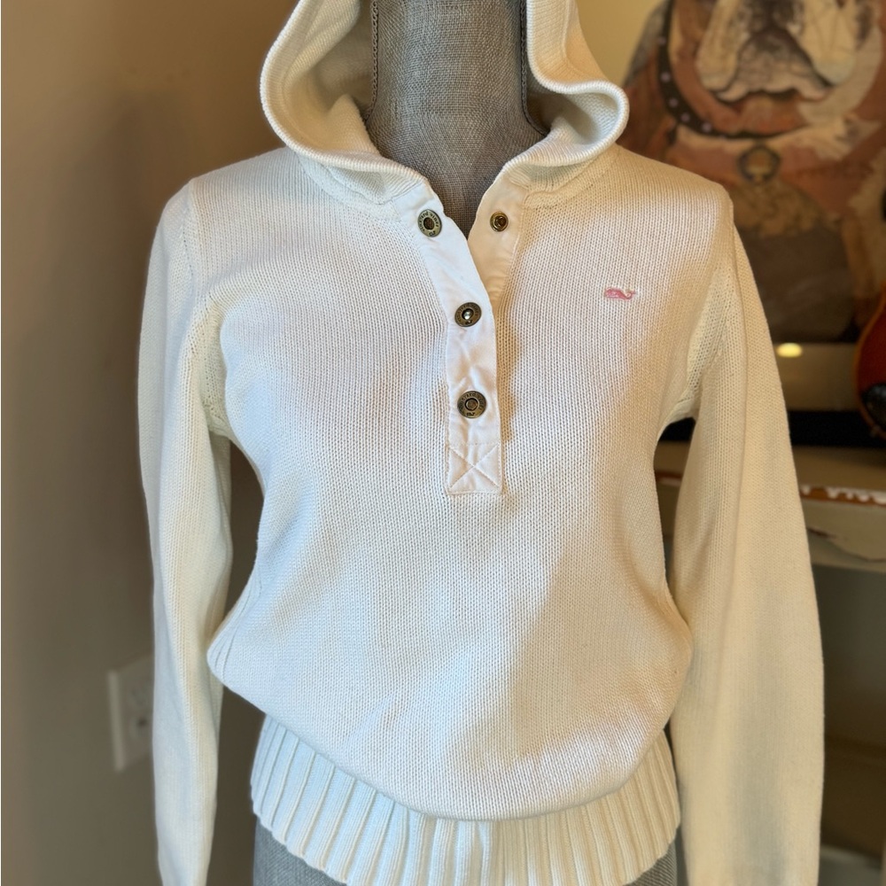 White Hooded Sweater with Button Detail